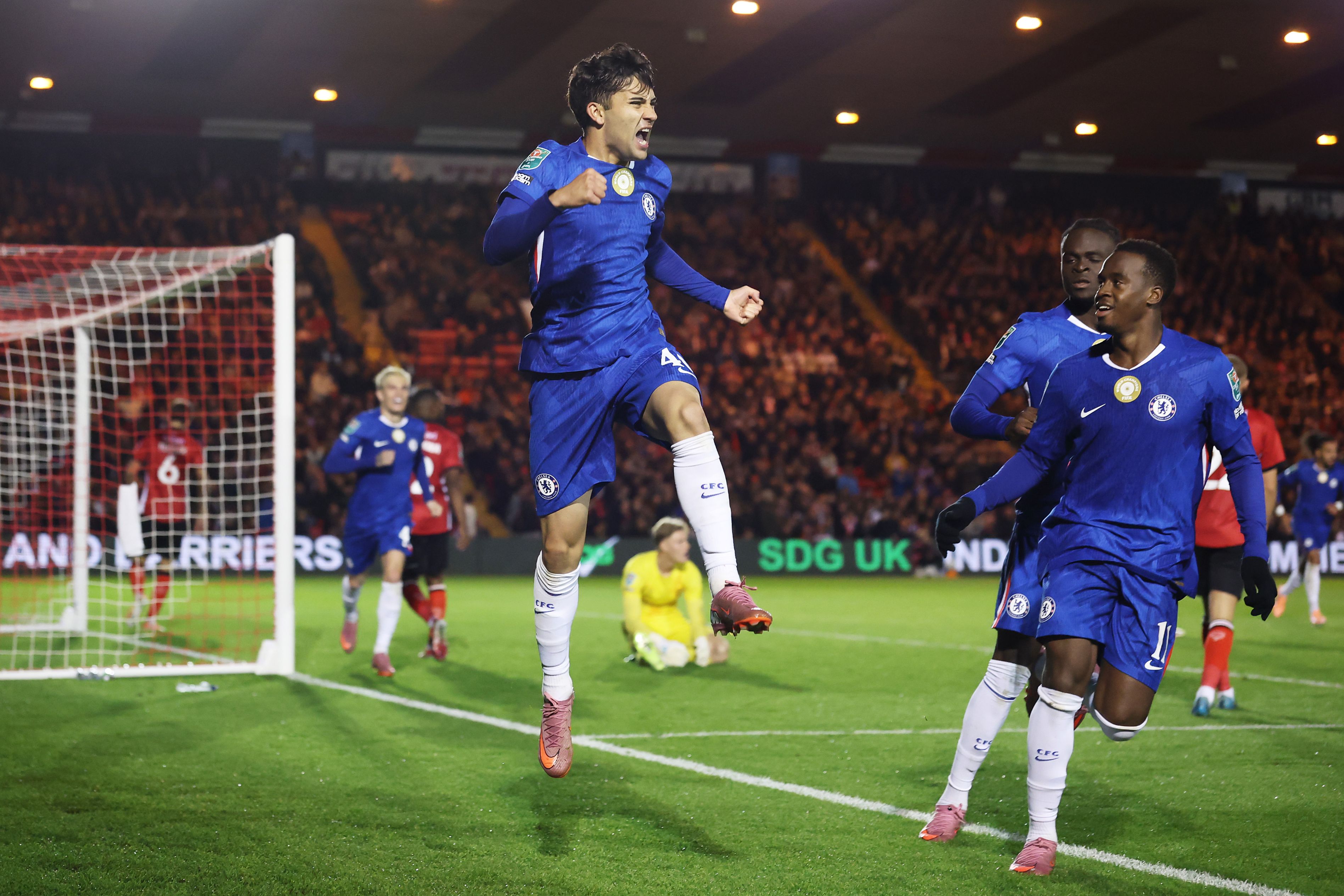 Facundo Buonanotte celebrates his first Chelsea goal.