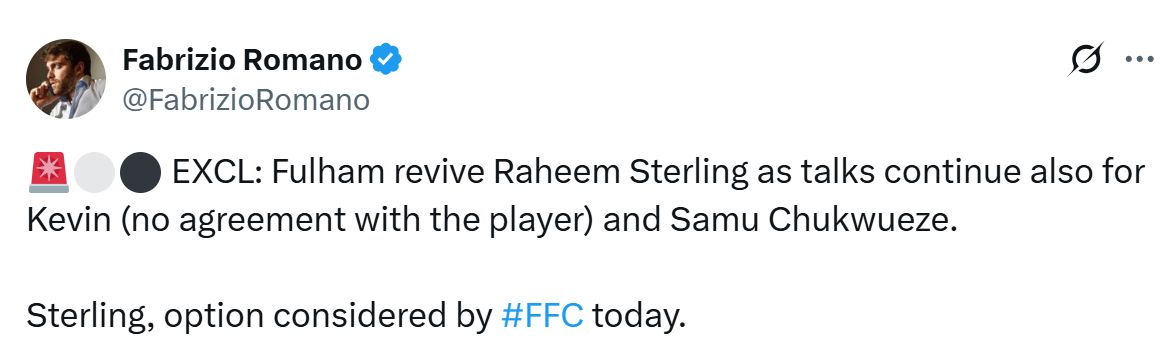 Raheem Sterling in talks with Fulham for deadline day.