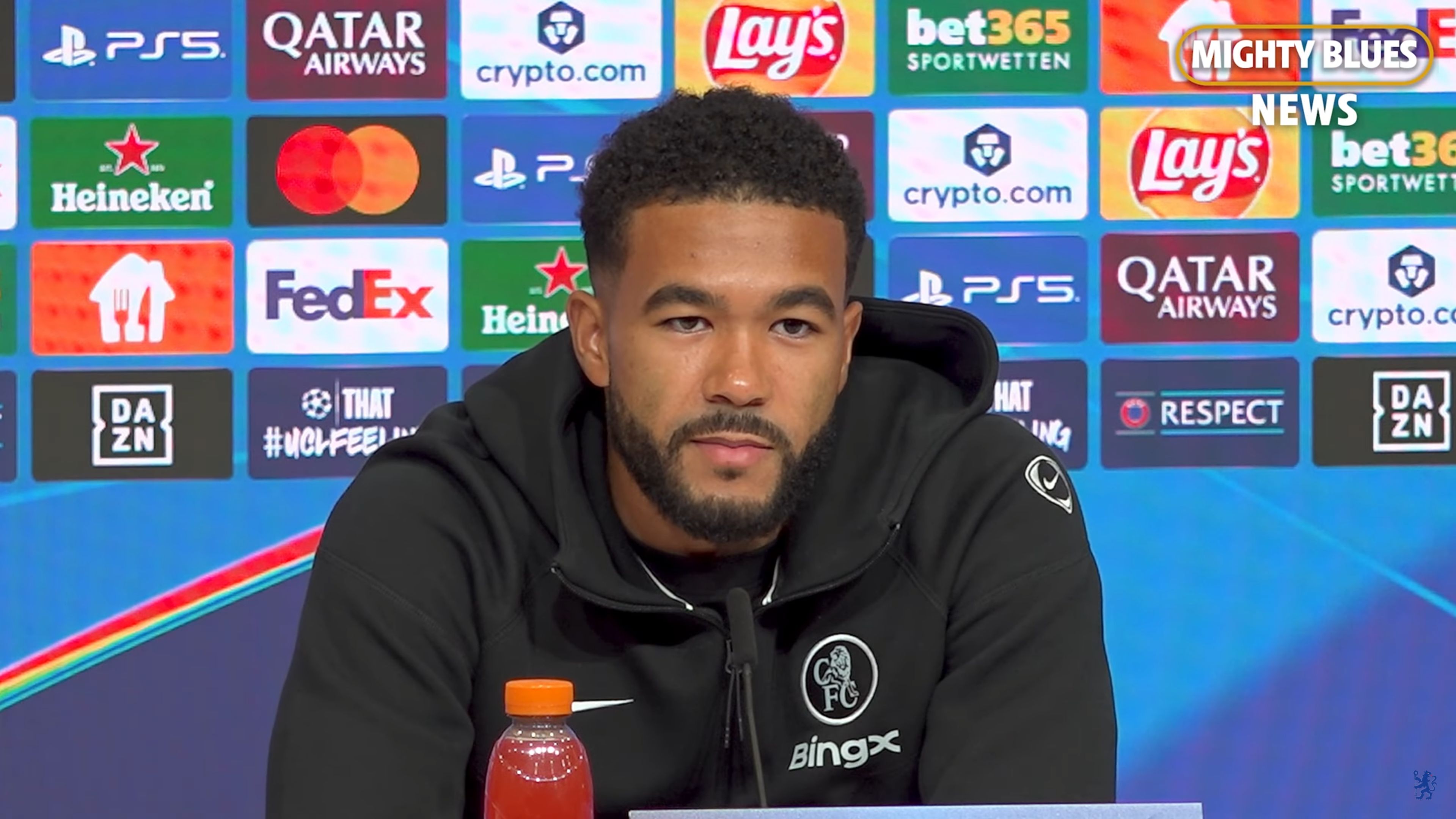 Reece James speaks to the media.