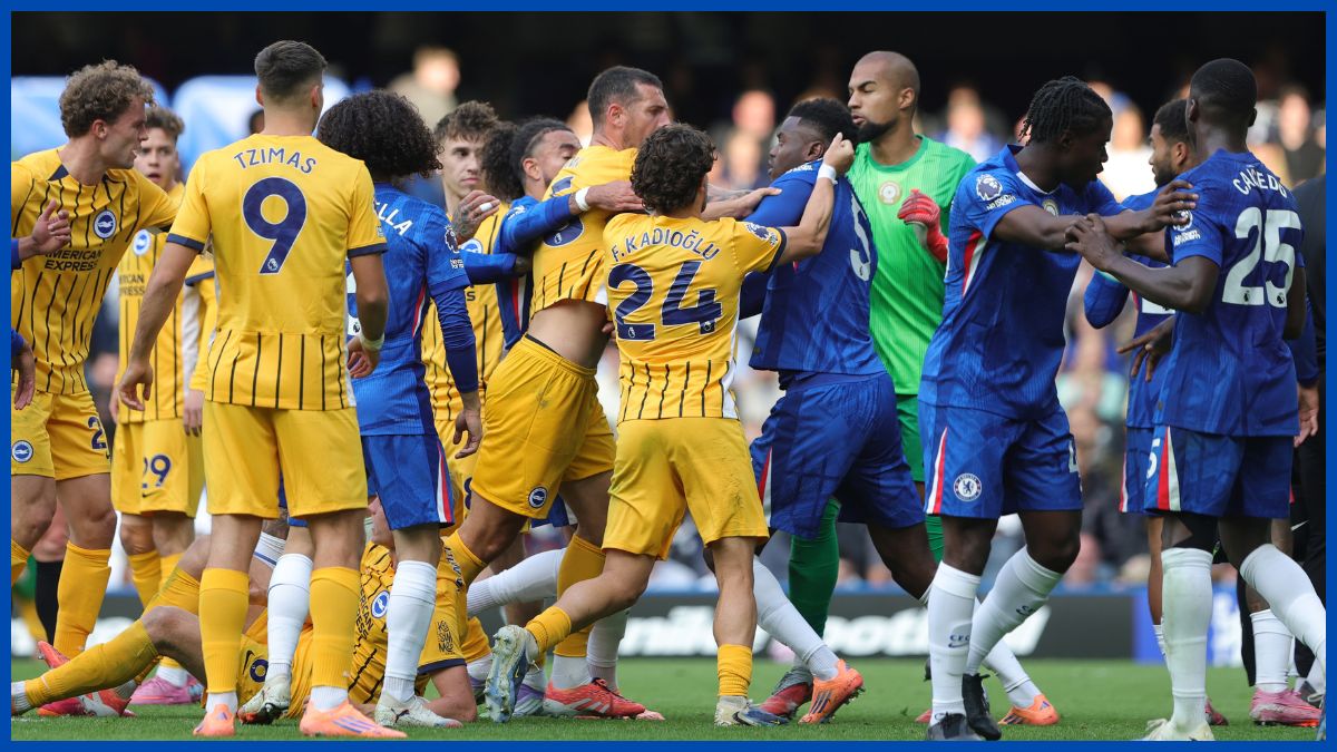 Chelsea and Brighton players brawl.
