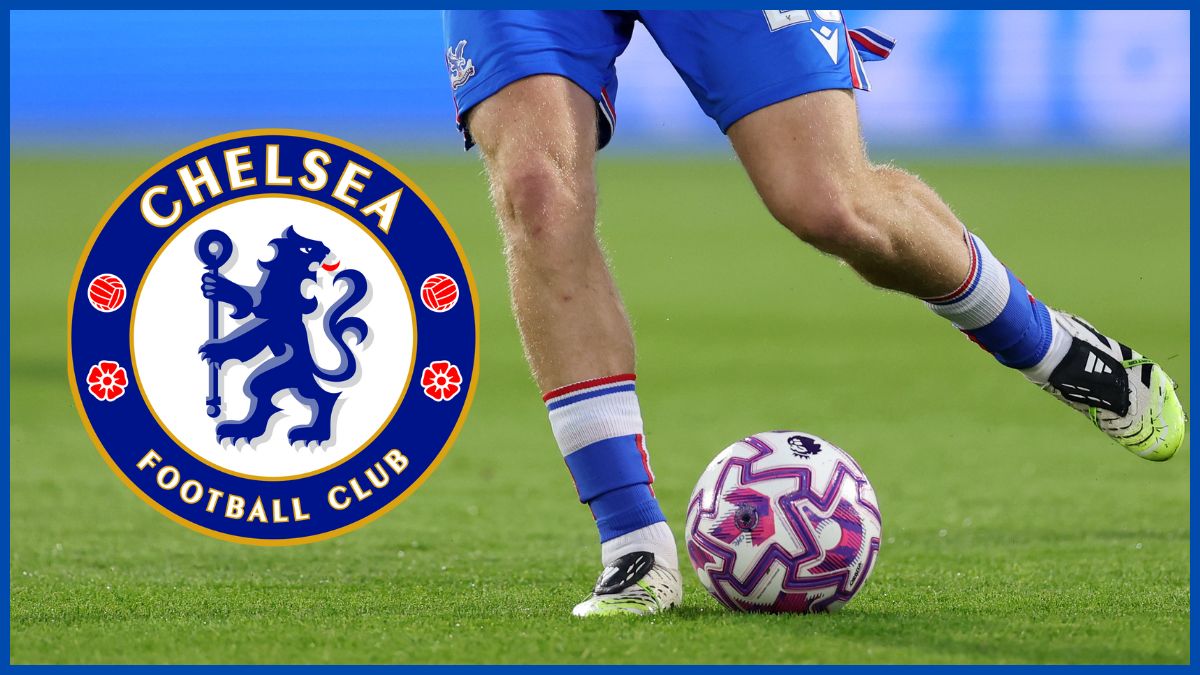 Adam Wharton with a Chelsea logo.