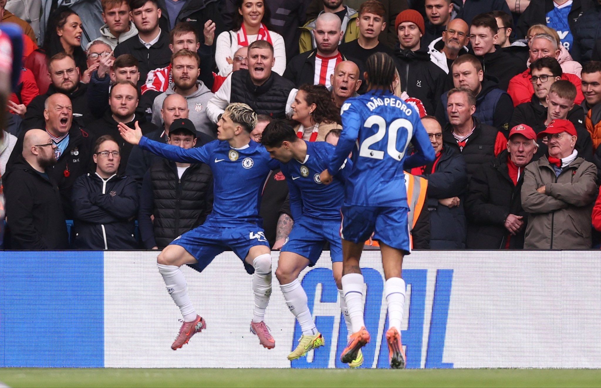 Alejandro Garnacho celebrates his first Chelsea goal.