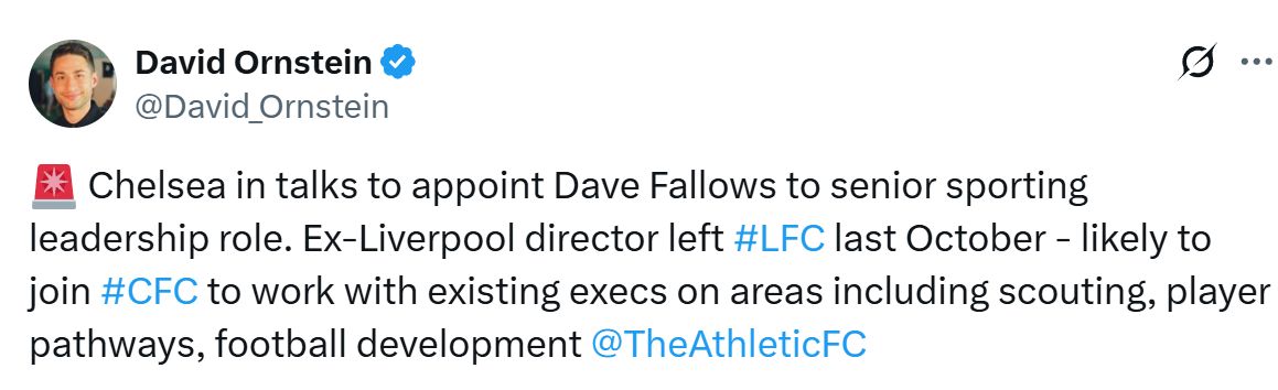 David Ornstein's Tweet about Dave Fallows.
