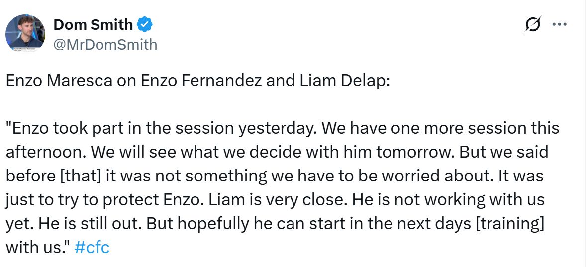 Enzo Maresca on Liam Delap's recovery.