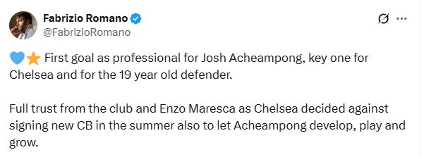 Fabrizio Romano Tweets about Chelsea's Acheampong development plan.