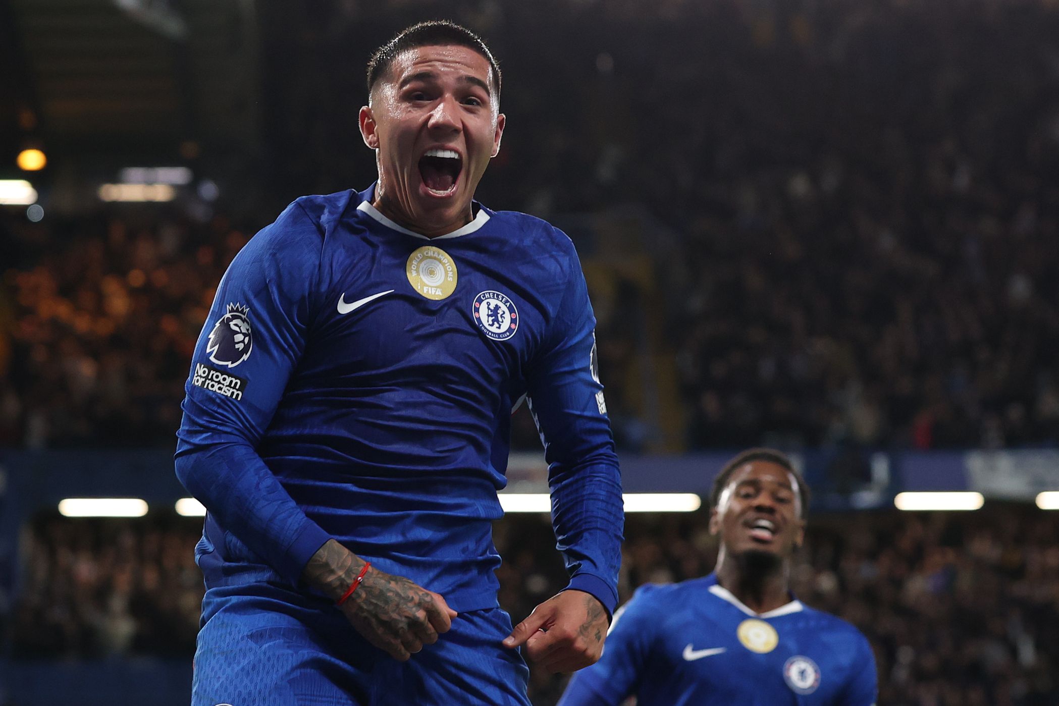 Enzo Fernandez celebrates against Liverpool.