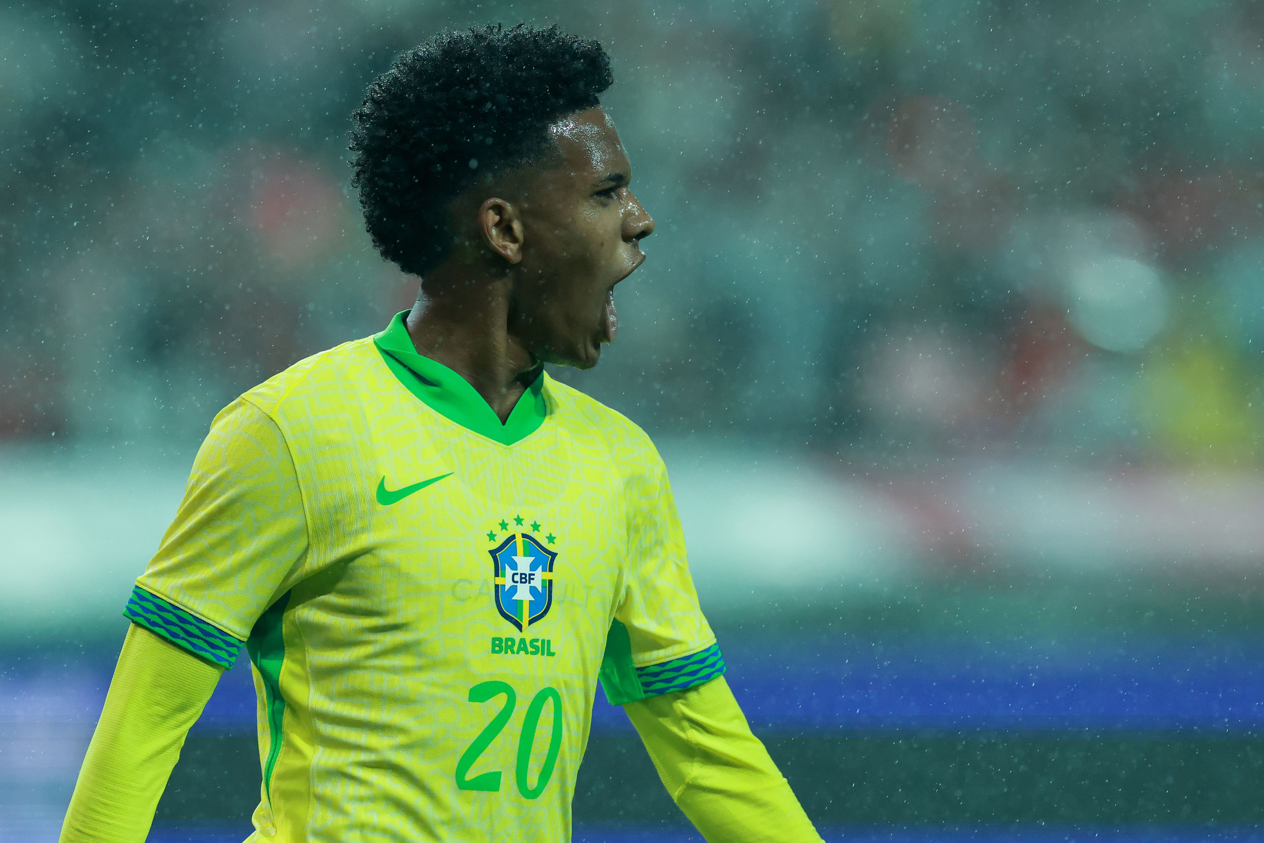 Estevao celebrates scoring for Brazil.