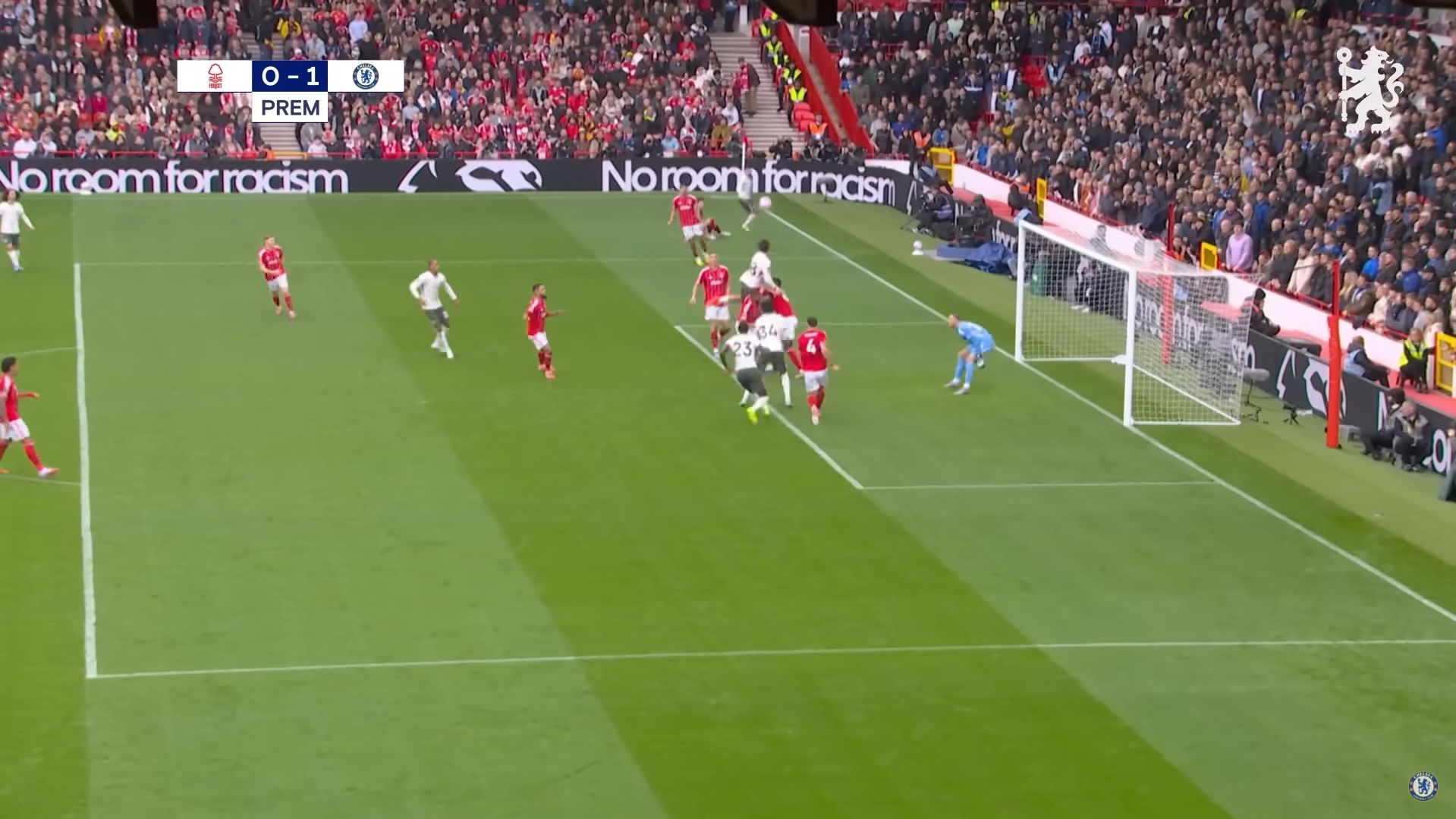 Marc Guiu challenges for the cross which ends up on Josh Acheampong's head.