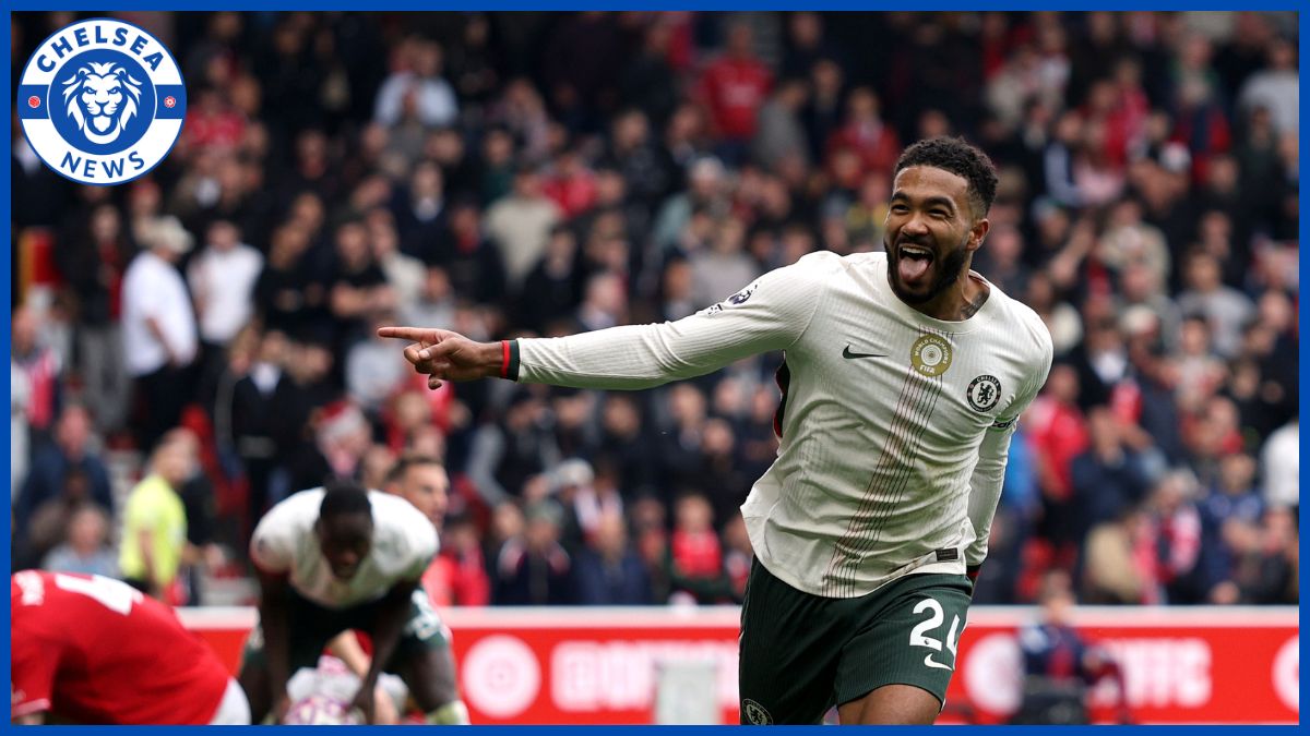 Reece James celebrates scoring.