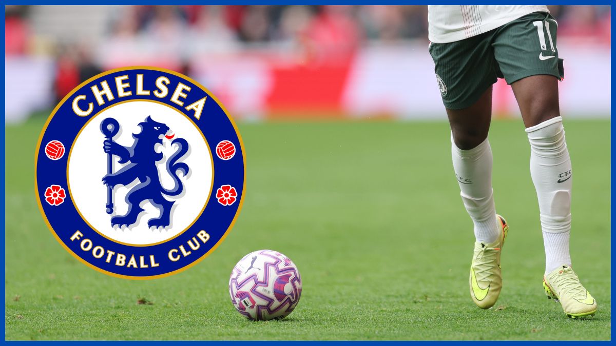 Jamie Gittens with a Chelsea logo.