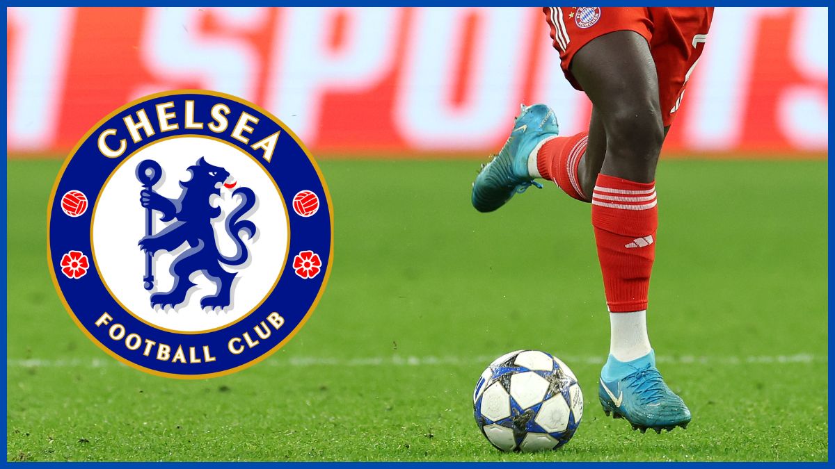 Dayot Upamecano with a Chelsea logo.