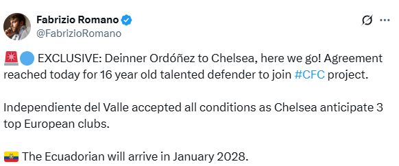 Fabrizio Romano's Tweet about Deinner Ordonez.