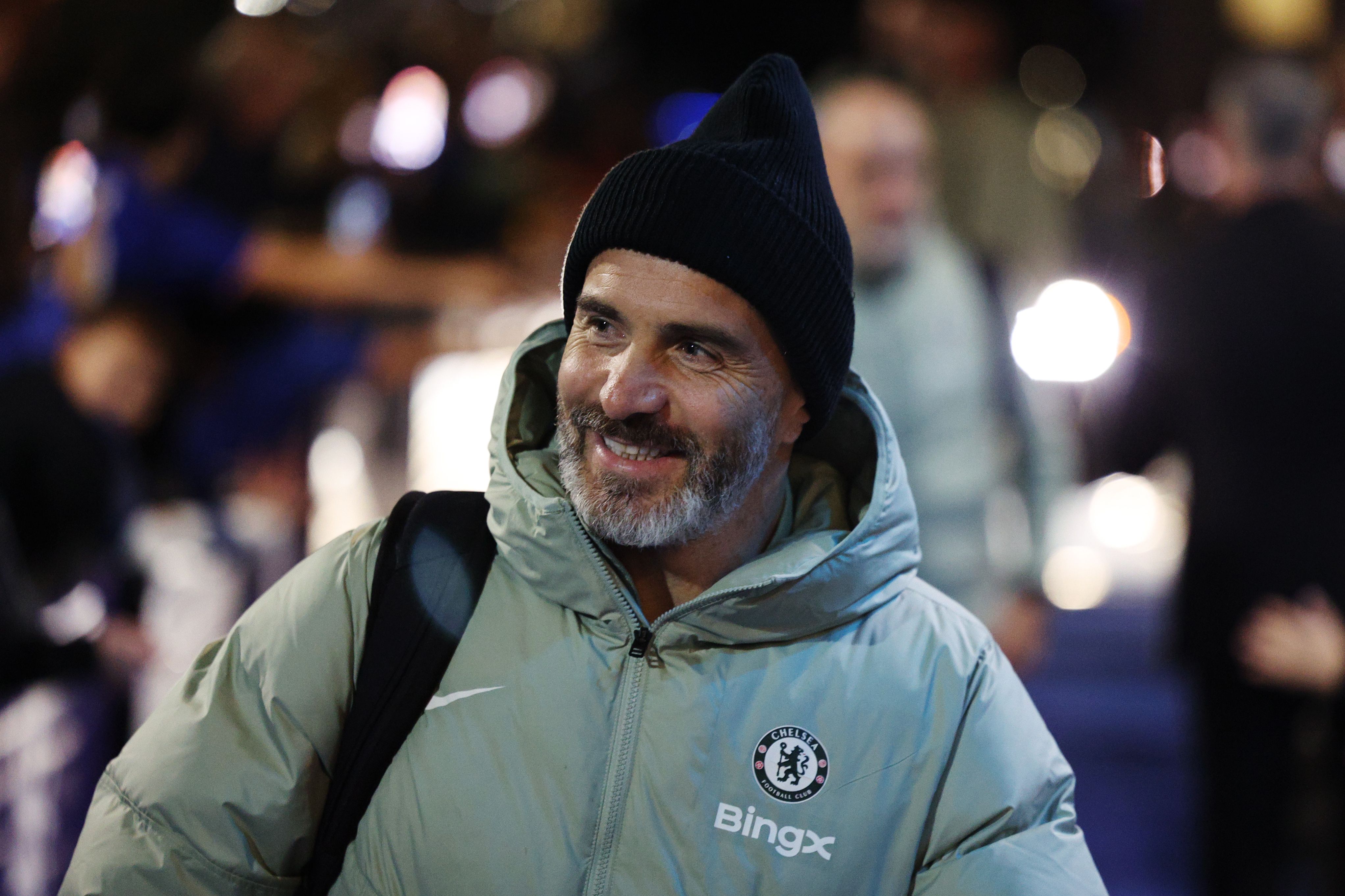 Enzo Maresca arrives at Stamford Bridge.