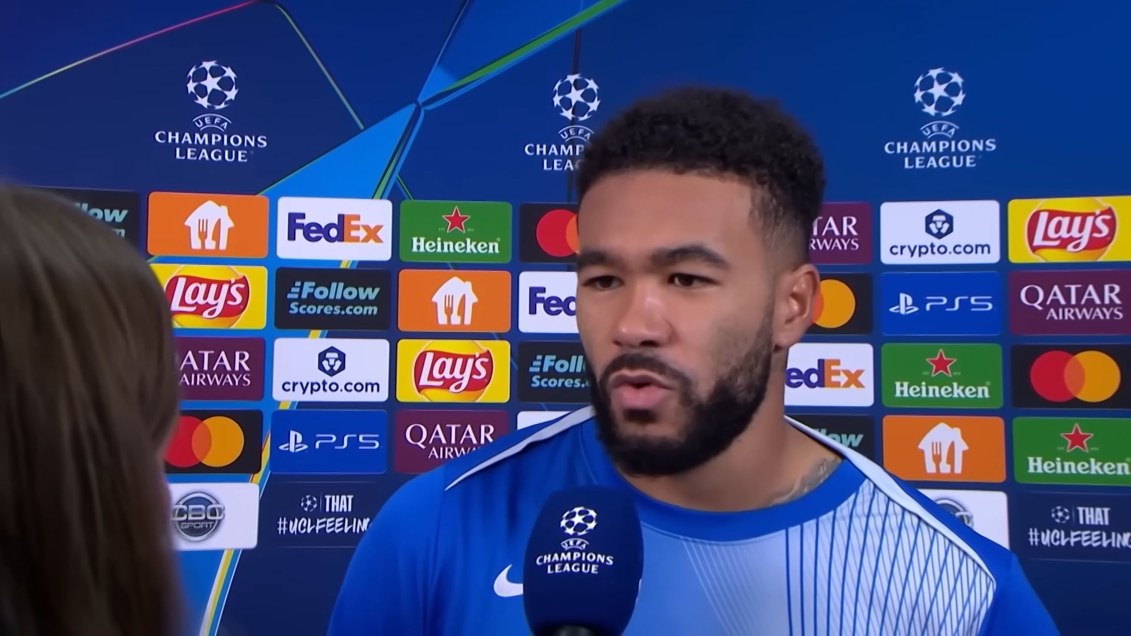 Reece James speaks in the Champions League mixed zone.
