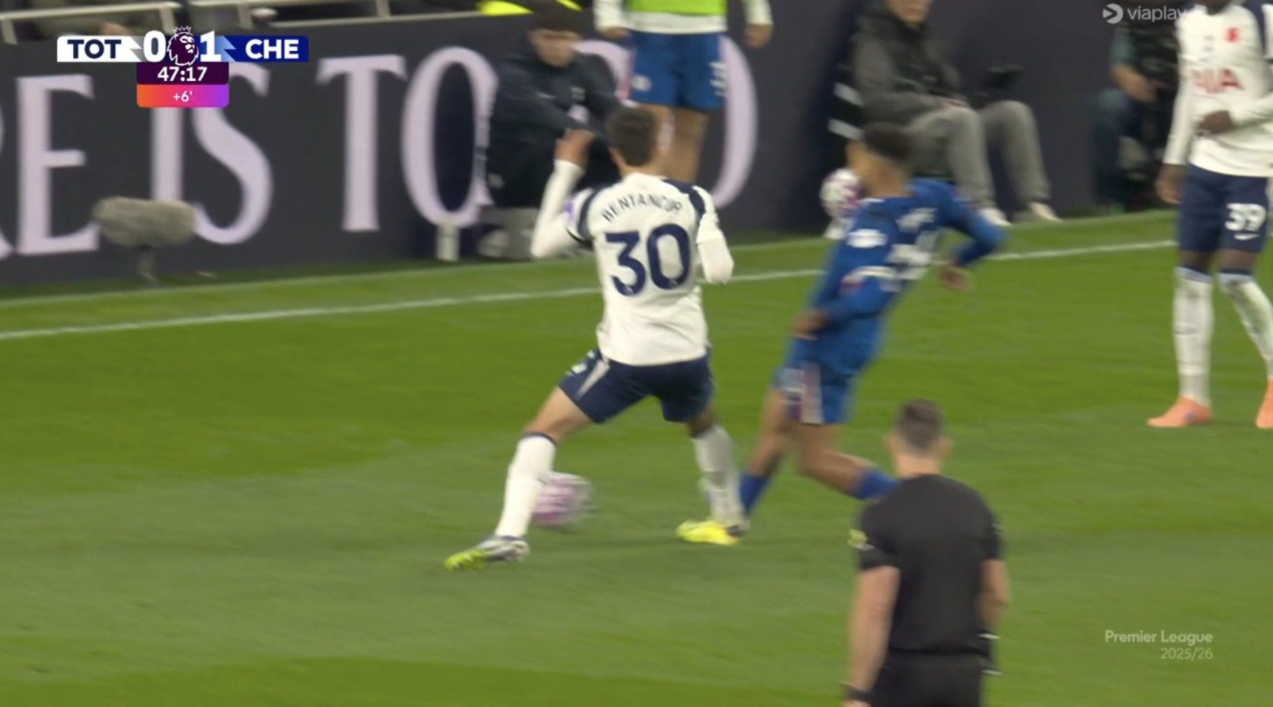 Rodrigo Bentancur fouls Reece James but only gets a yellow, leading to tension.