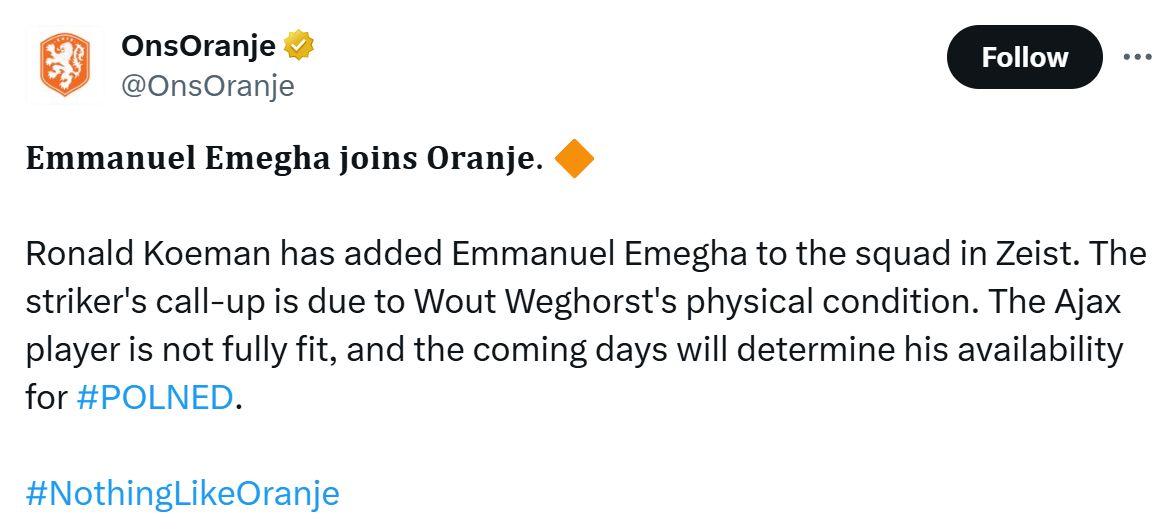 The Dutch FA's Tweet about Emegha.