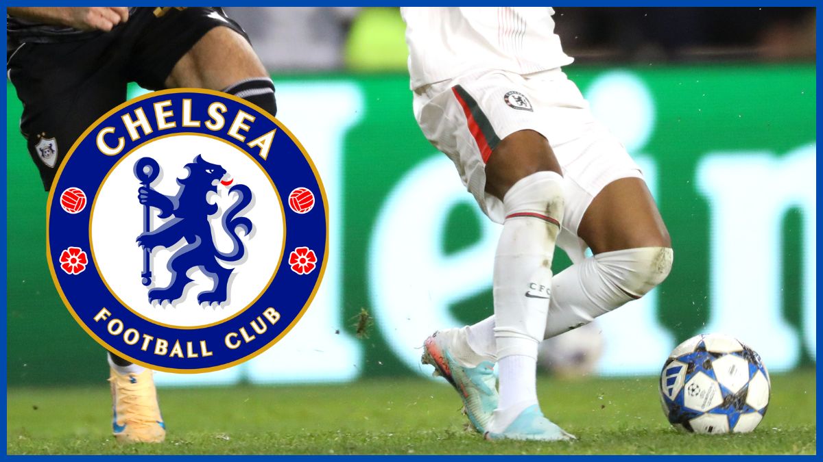 Estevao runs with a Chelsea logo.