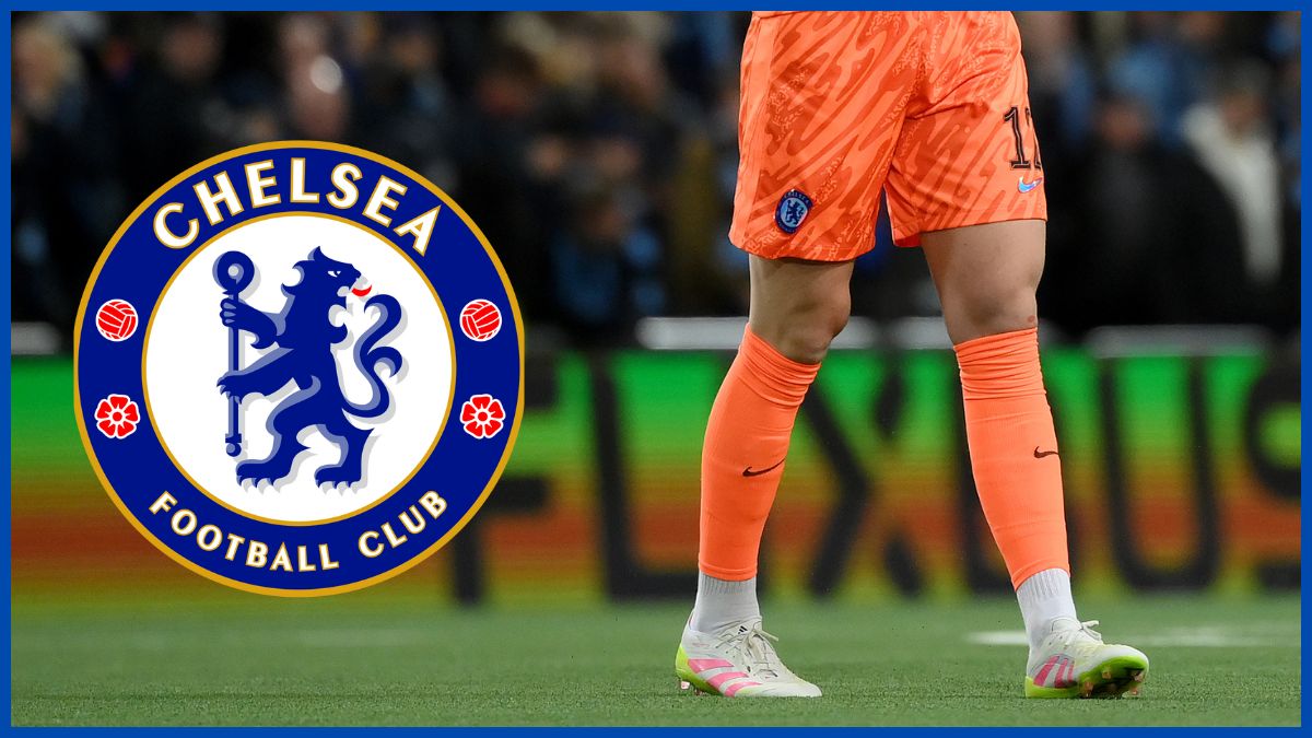 Filip Jorgensen with a Chelsea logo.