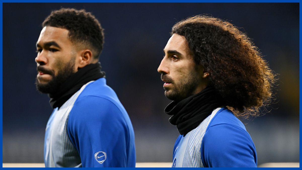 Reece James and Marc Cucurella warm up to face Barcelona.