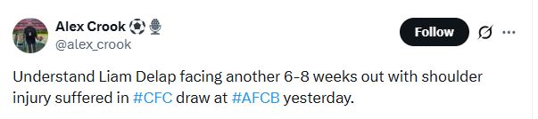 Alex Crook's Tweet about Liam Delap.