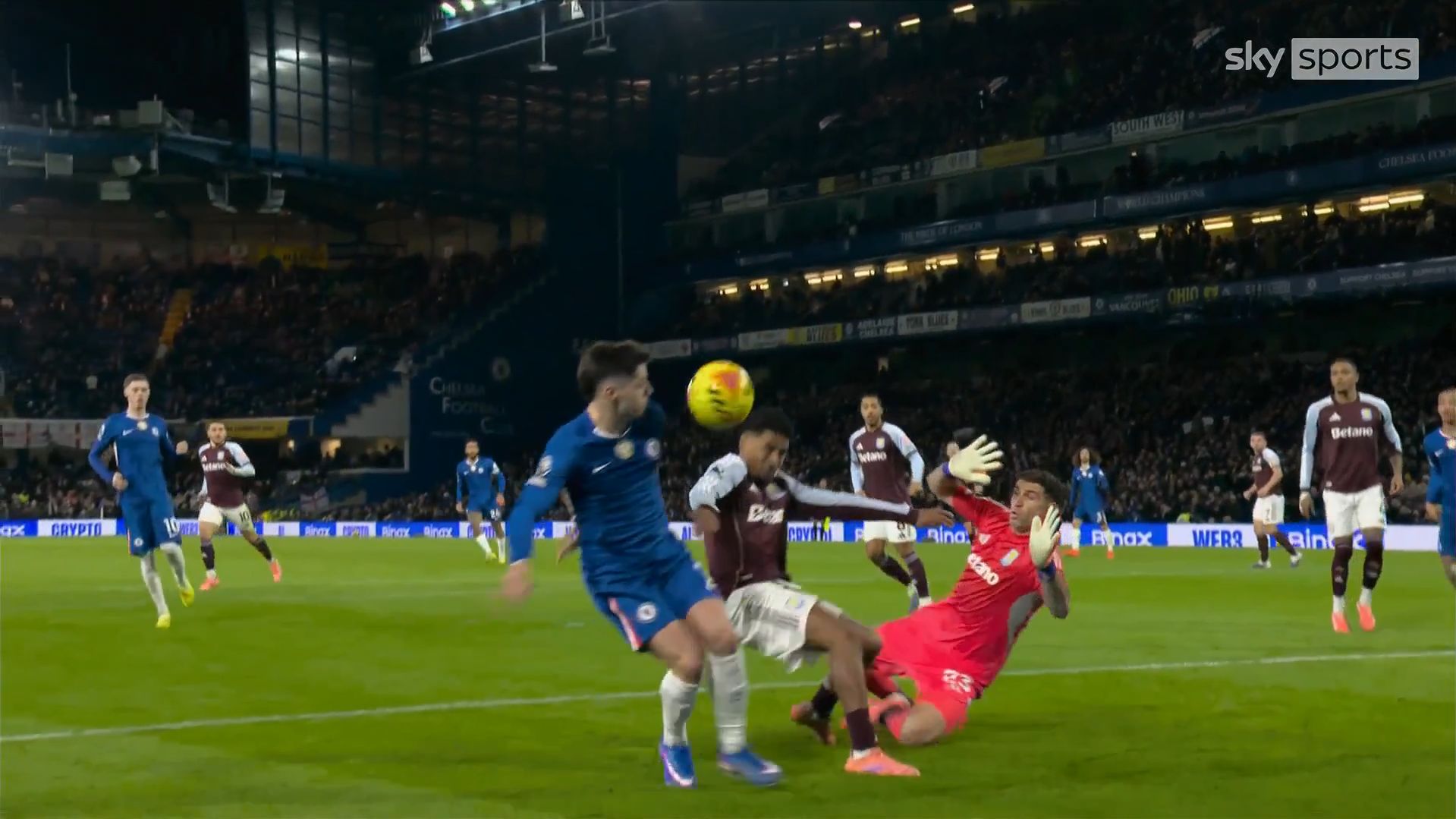 Ian Maatsen has the ball hit his arm in front of goal.