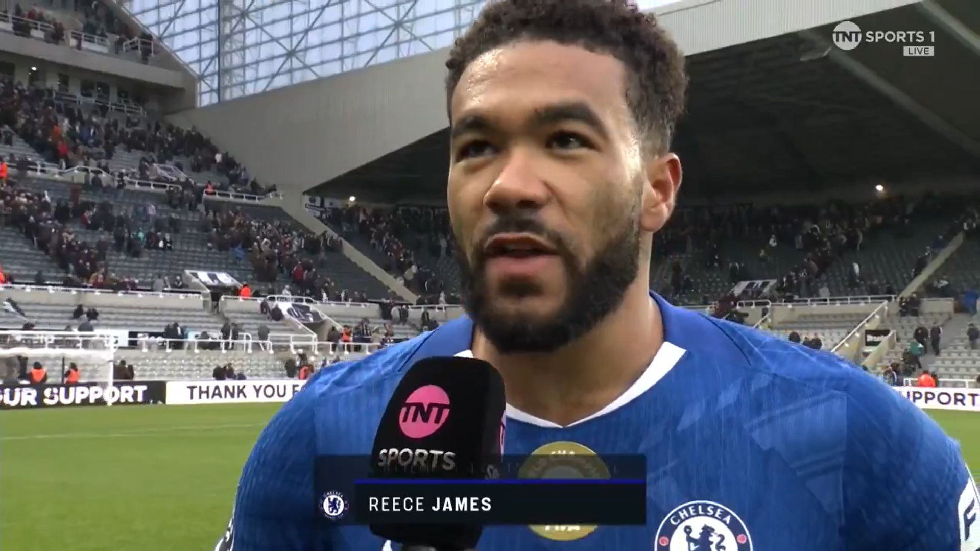 Reece James speaks to the TV cameras at full time.