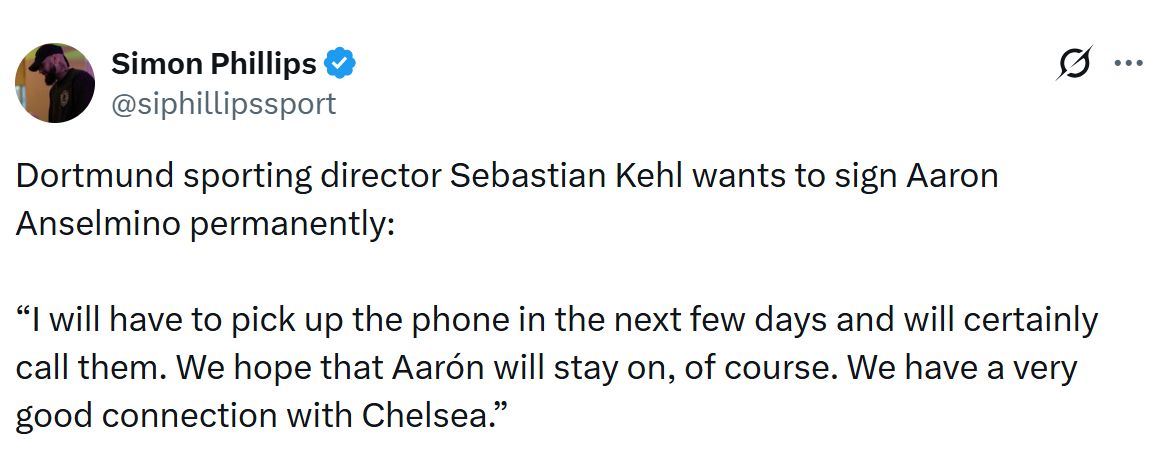 Simon Phillips' Tweet about Aaron Anselmino.