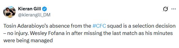 Tosin left out of Chelsea squad for selection decision says Kieran Gill.