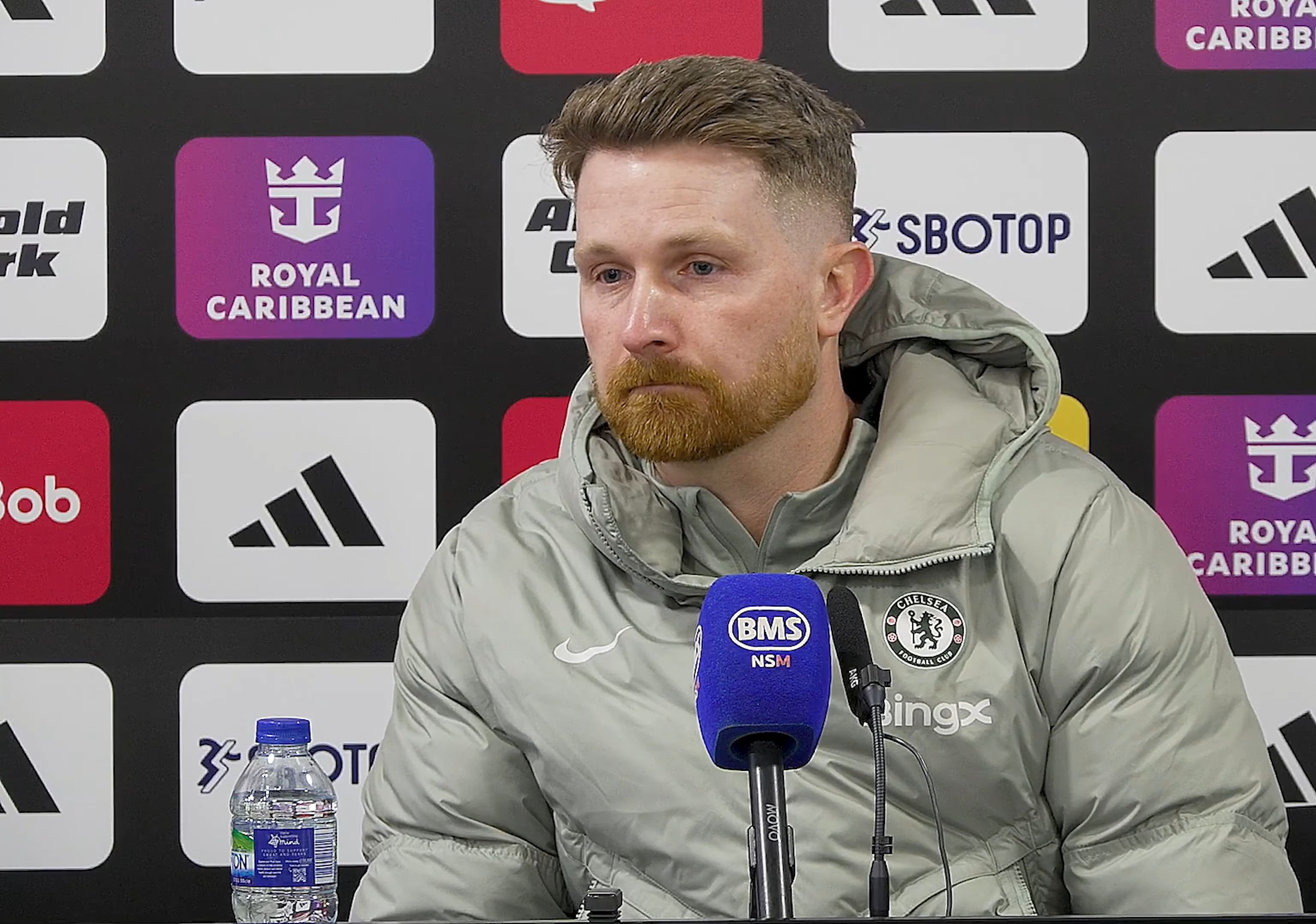 Calum McFarlane speaks to the media after Chelsea defeat.