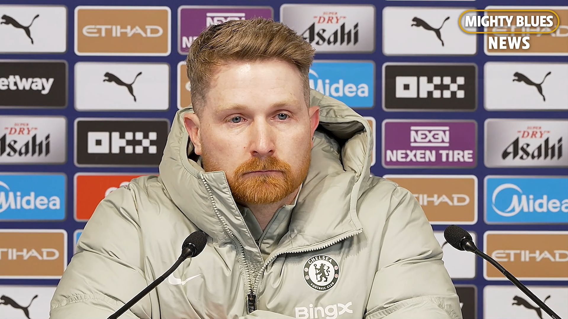 Calum McFarlane speaks to the media after Chelsea's draw,