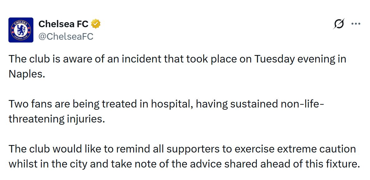 Chelsea's statement about the fans who were stabbed in Naples in January 2026.