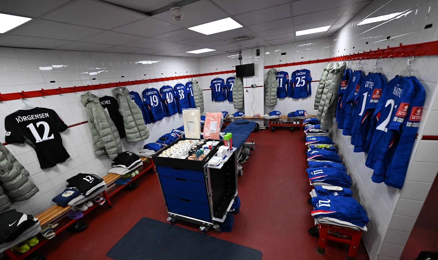 Chelsea's stuff set up in the dressing room at the Valley.
