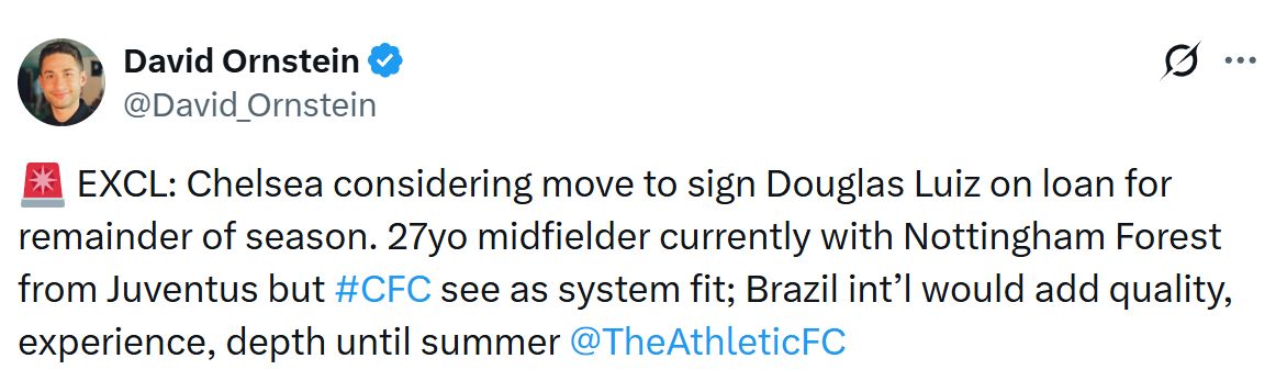 David Ornstein's Tweet about Douglas Luiz.