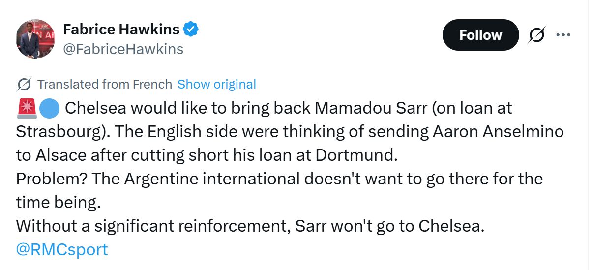 Fabrice Hawkins' Tweet about the mess with Aaron Anselmino.