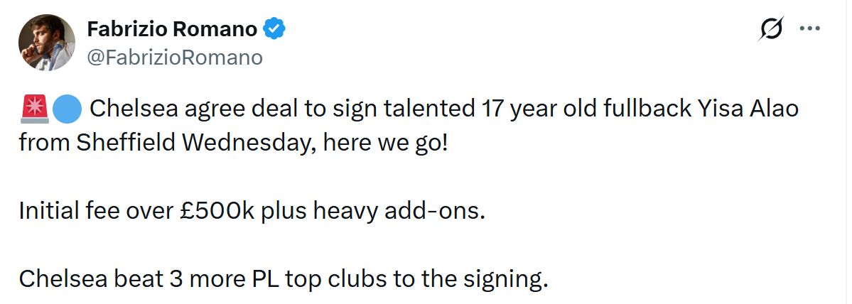 Fabrizio Romano's Tweet about Yisa Alao.
