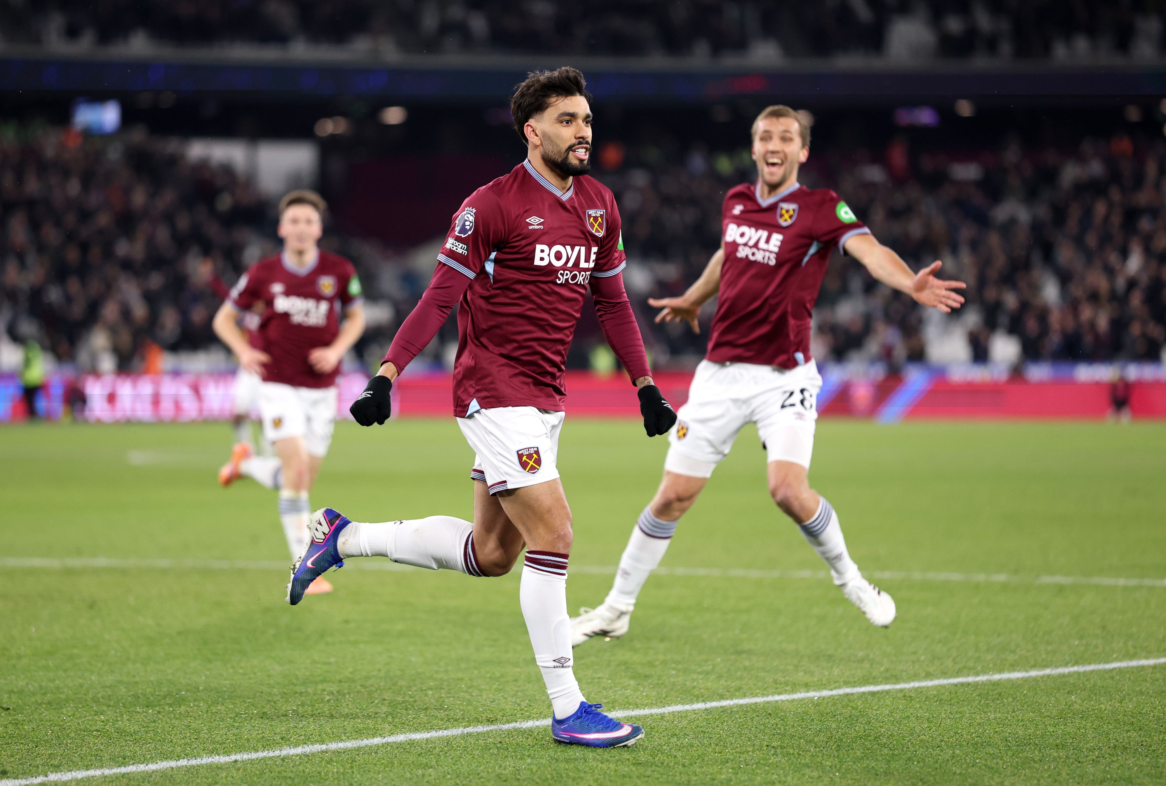 Lucas Paqueta celebrates scoring for West Ham.
