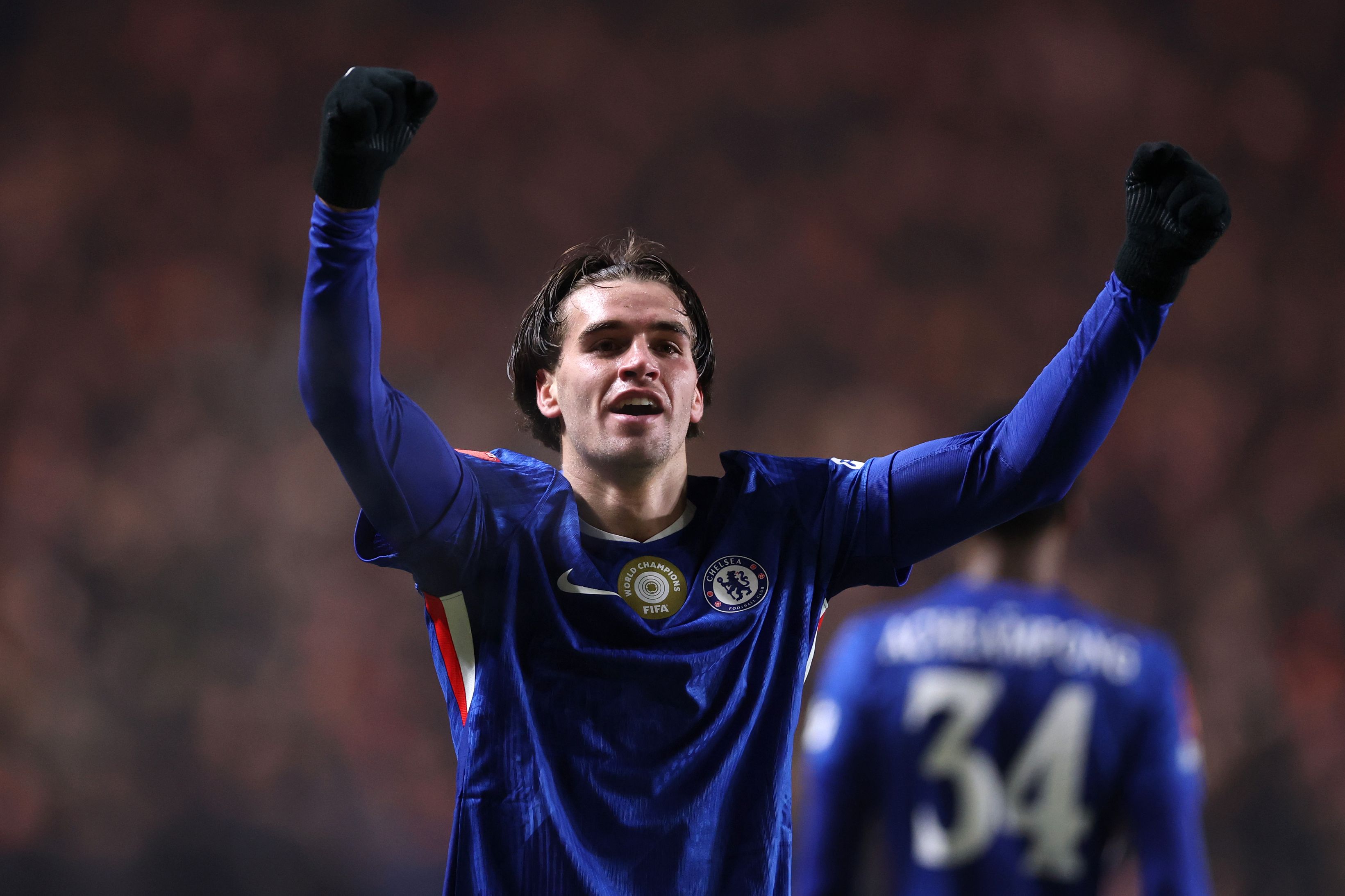 Marc Guiu celebrates scoring for Chelsea.