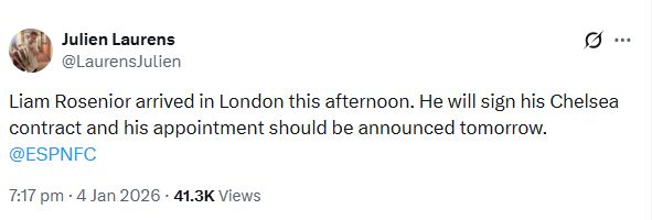 Julien Laurens' Tweet about Liam Rosenior being in London.