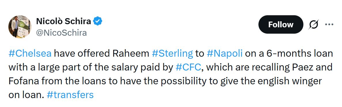 Nicolo Schira's Tweet about Raheem Sterling's potential loan.