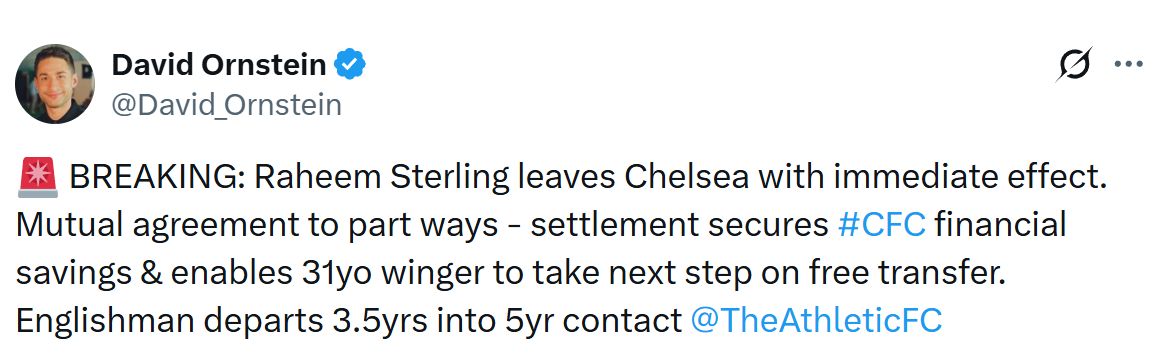 David Ornstein's Tweet about Raheem Sterling's contract negotiation.