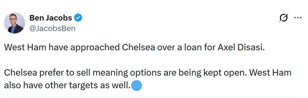 West Ham approach Chelsea over Axel Disasi loan says Ben Jacobs.