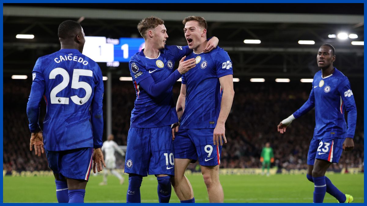 Liam Delap celebrates his first Premier League goal.