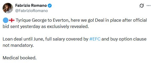 Fabrizio Romano's earlier Tweet about Tyrique Georige.