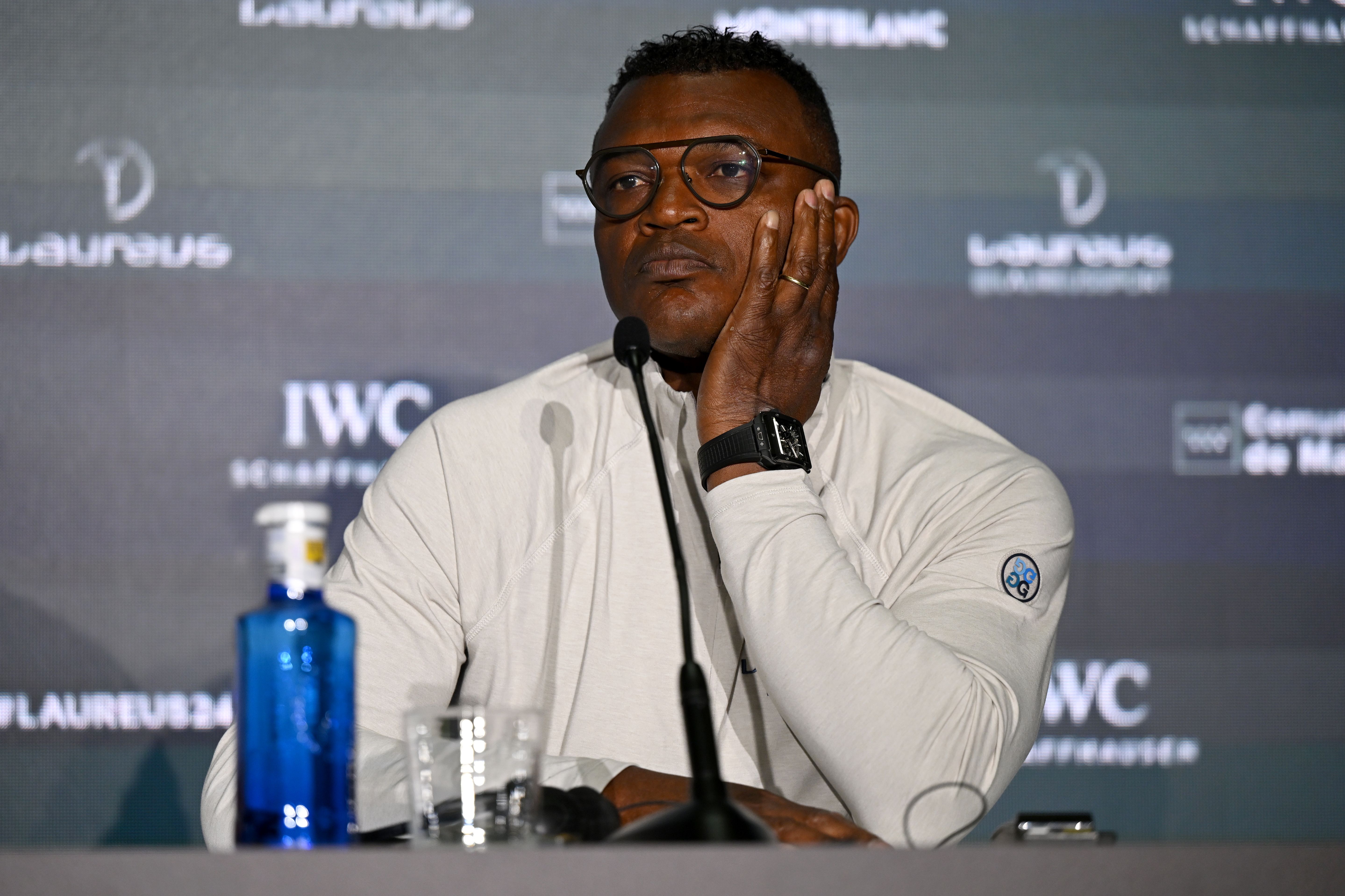 Marcel Desailly speaks at press conference.