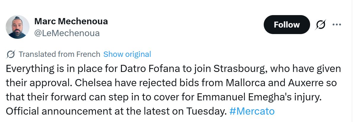 Marc Mechenoua's Tweet about David Datro Fofana.
