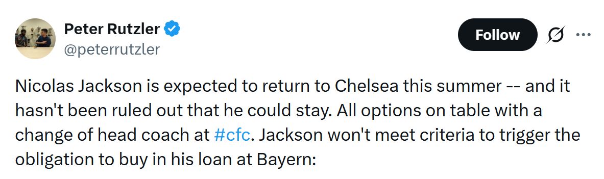 Nicolas Jackson to return to Chelsea this summer according to the Times.
