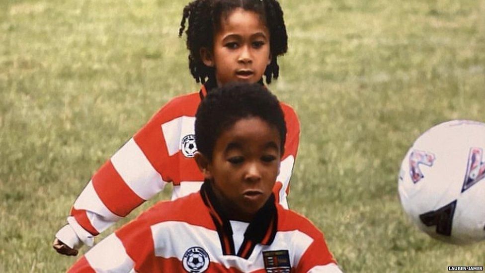 Reece and Lauren James playing football as youngsters.