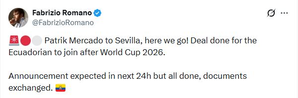 Sevilla complete deal for Patrik Mercado according to Fabrizio Romano.