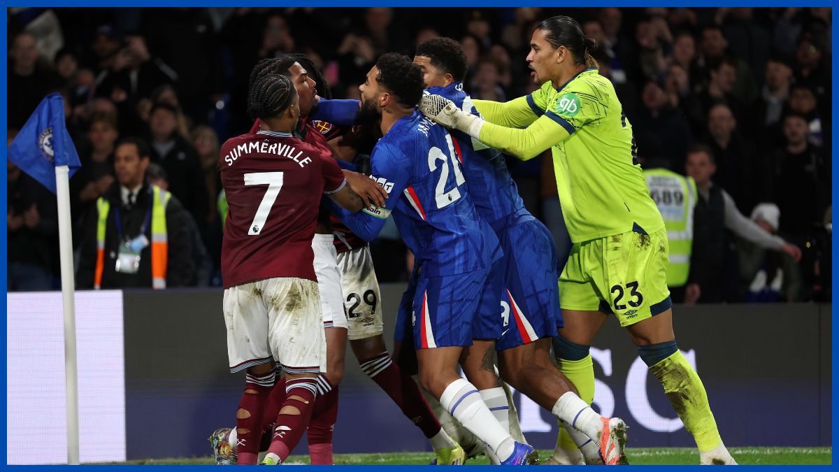 Chelsea players brawl with West Ham players.