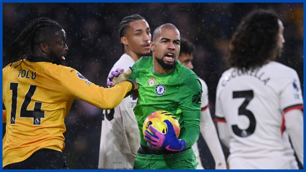 Robert Sanchez claims a high ball against Wolves.